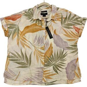 NWT Tahari 100% Linen Multicolor Tropical Leaf Print Button Down Shirt Sz L